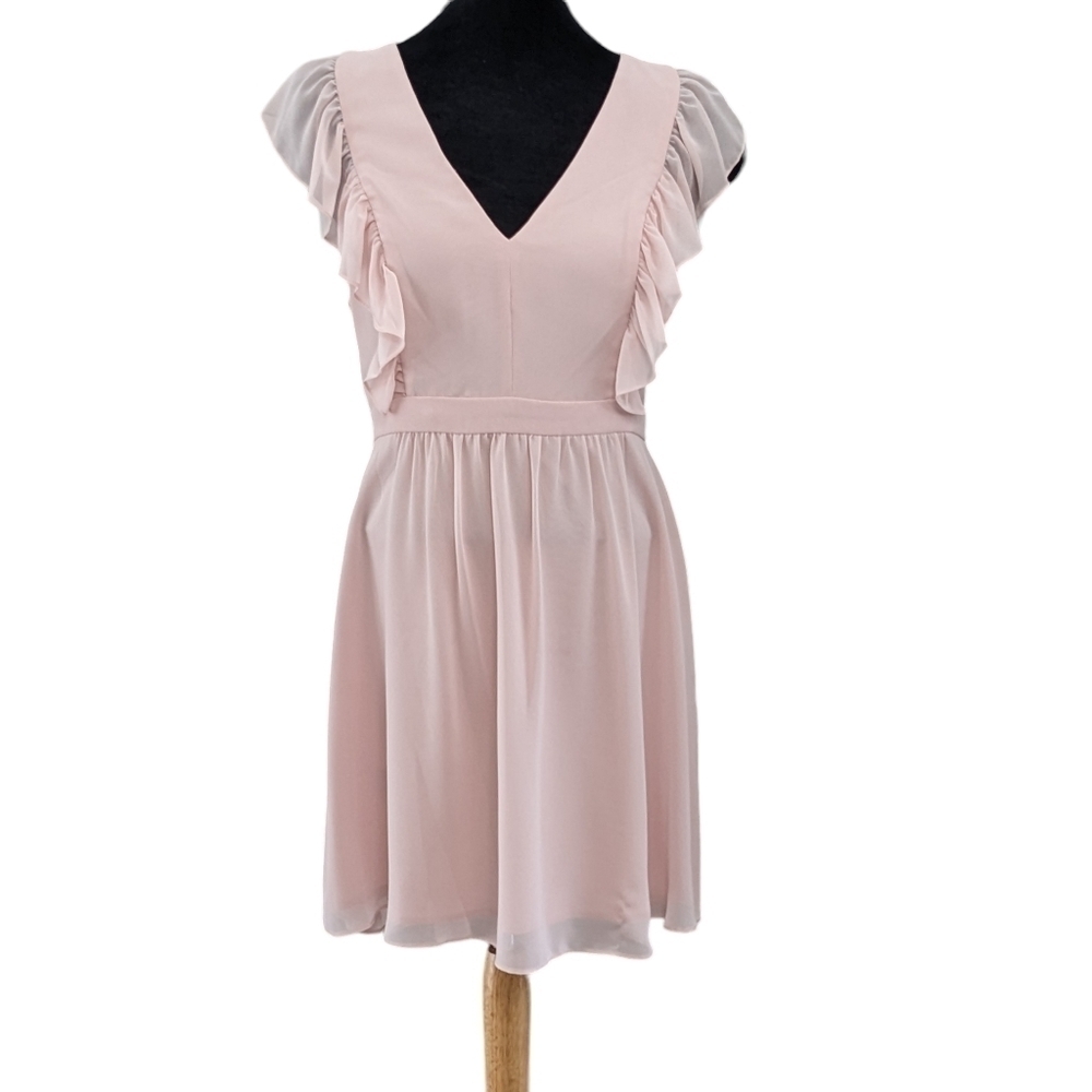 NWT BCBG Rose Smoke Ruffle Sleeveless V Neck Girly Fit & Flare Mini Dress